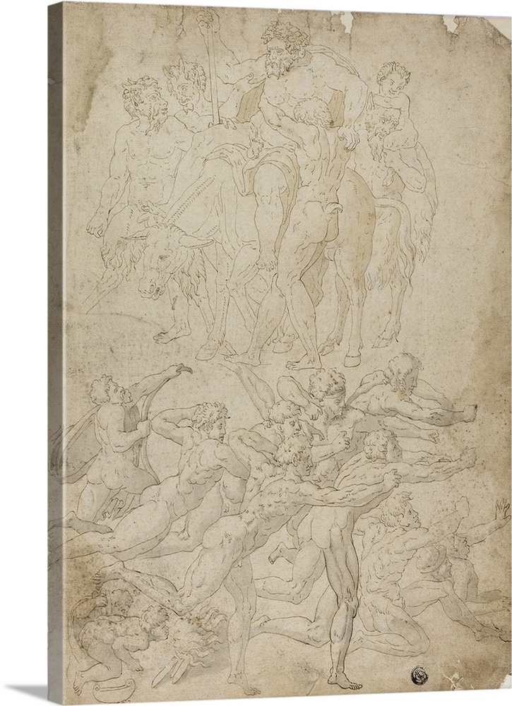 Archers Shooting at a Herm, Triumph of Bacchus, and Other Studies, pen and brown ink, and brush and grey and brown wash, o...