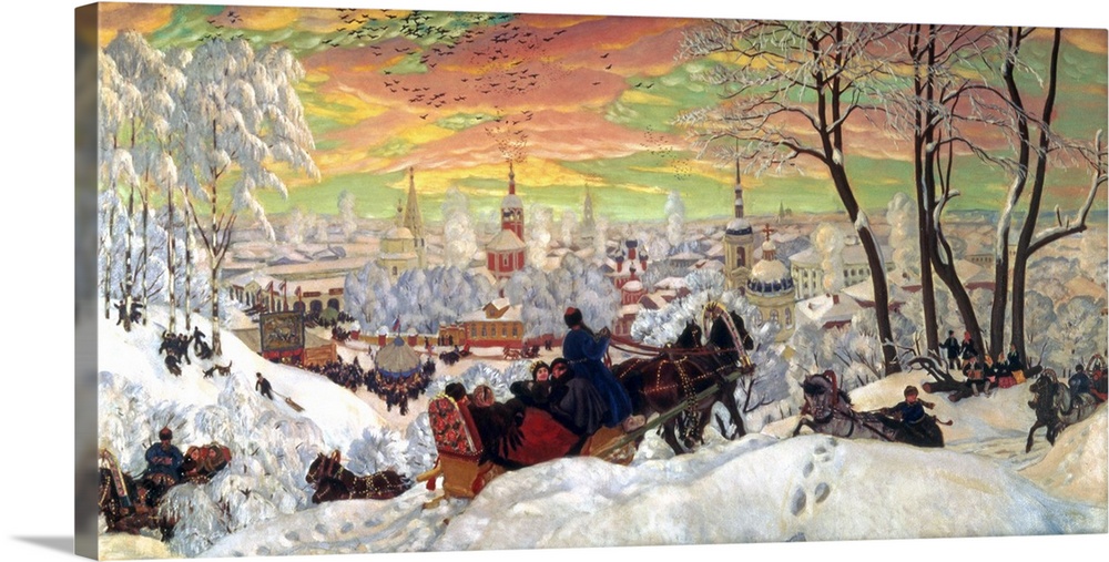 BAL56488 Arriving for Shrove-tide, 1916 (oil on canvas); by Kustodiev, Boris Mihajlovic (1878-1927); 61x123 cm; Tretyakov ...