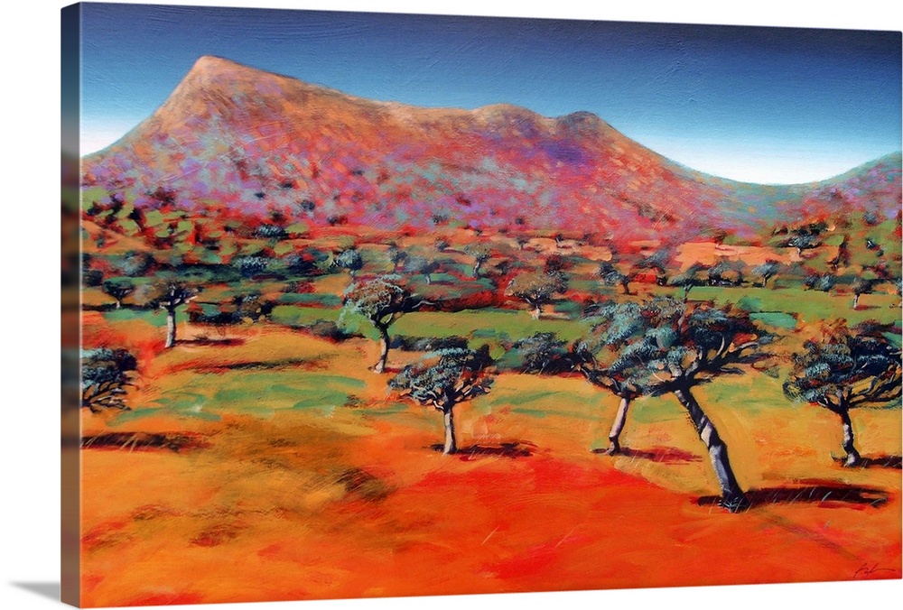 Acrylic painting of trees randomly sticking up on the flat ground at the base of a barren mountain.