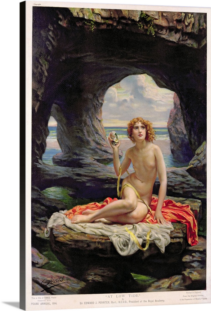 A nude woman sits on a large flat rock inside a cave with fabric draped underneath her while holding an object in one of h...