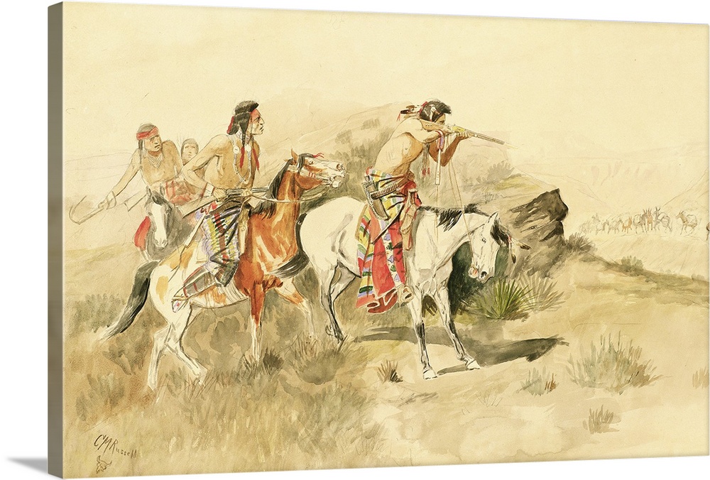 Attack on the Muleteers, c. 1895, pencil and watercolor on paper.  By Charles Marion Russell (1865-1926).