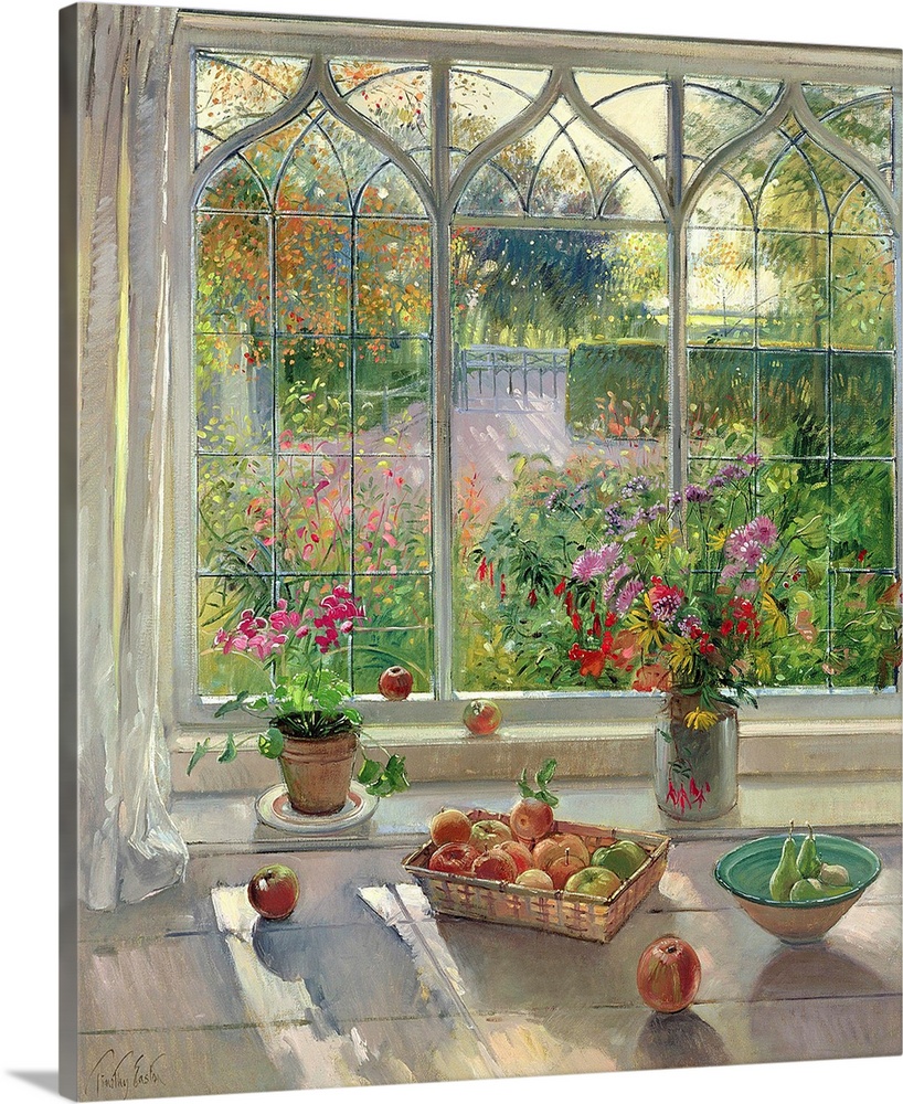 This large painting has fruit baskets and flower pots sitting on a window sill that looks out over a garden.