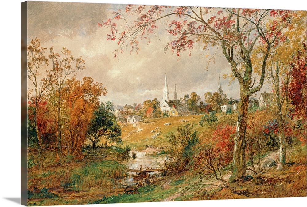 Large, landscape, classic art wall painting of a clearing at the edge of the woods looking toward the town of Saugerties i...