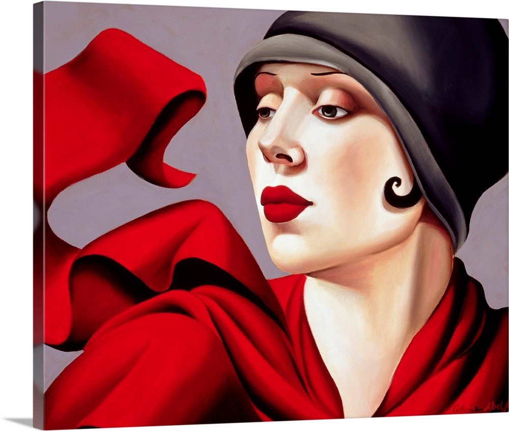 Vintage artwork featuring a woman from what appears to be the early 20th century dressed in a hat/cap and scarf fluttering...