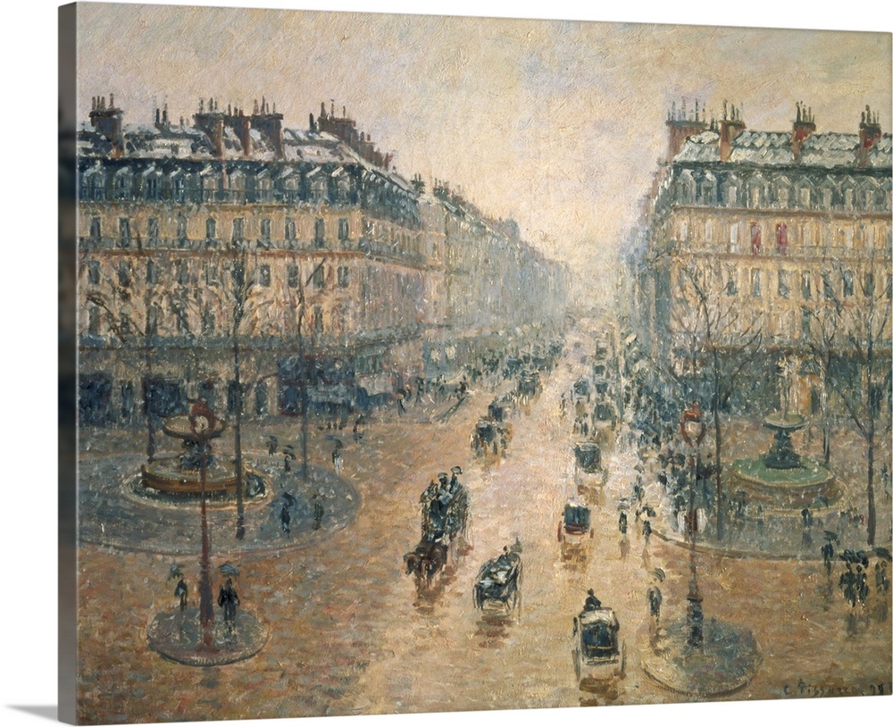 Large classic painting on a landscape canvas of Avenue de Lopera, surrounded by two tall buildings and bustling with patro...