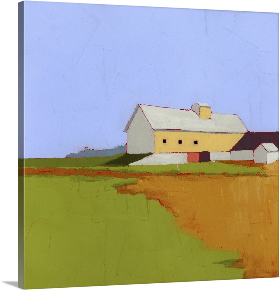 Ayrhill farm, 2025. (Originally acrylic on a wooden panel.) A bright yellow barn with an orange dirt path.