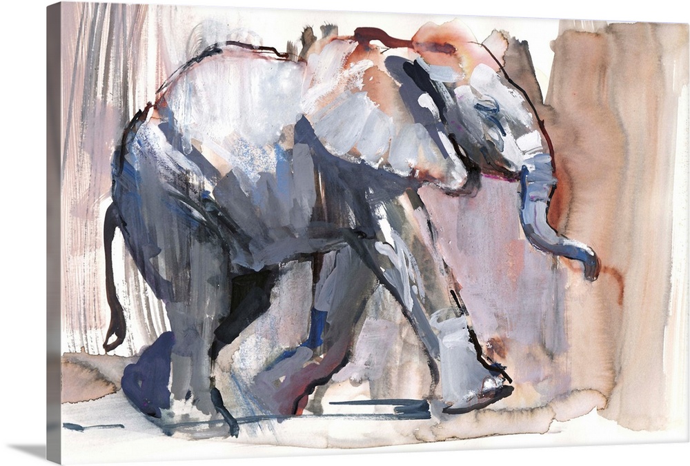 Contemporary watercolor painting of an elephant against an earthy background.