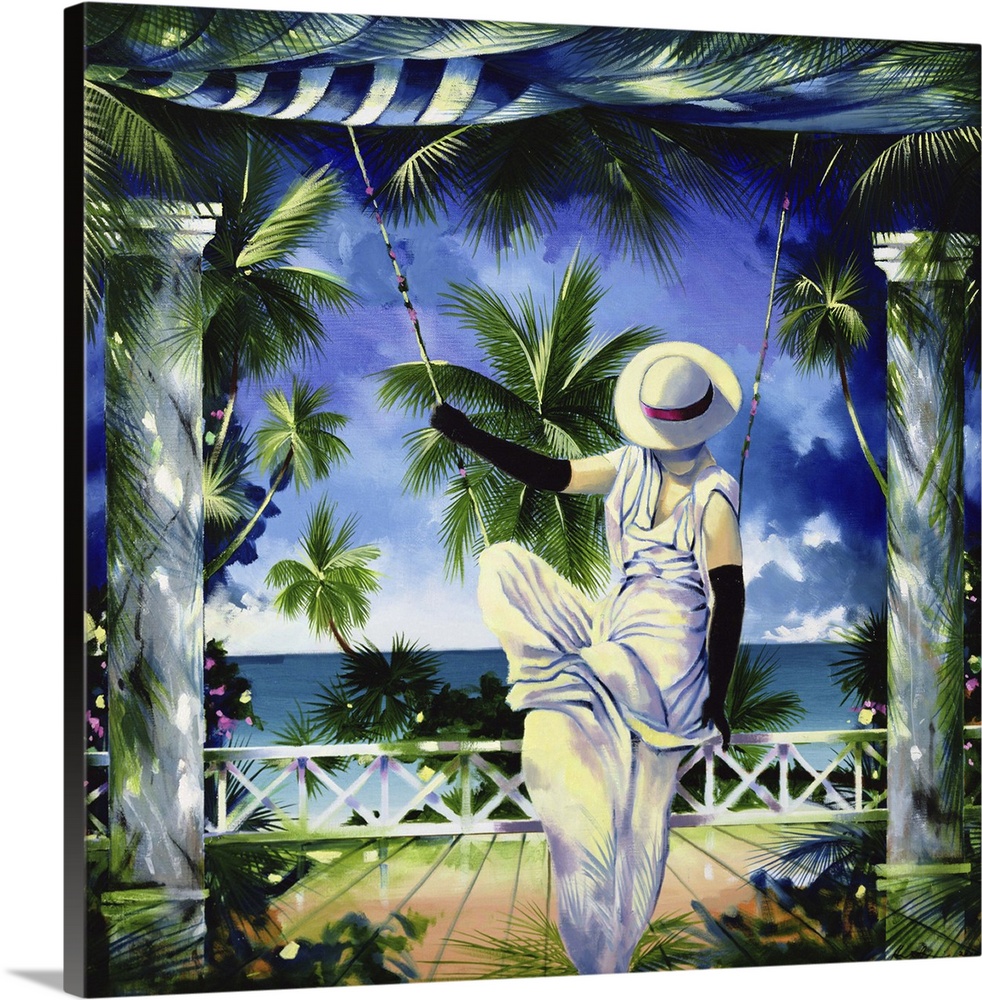 Contemporary painting of a a woman on a swing in a tropical beach.