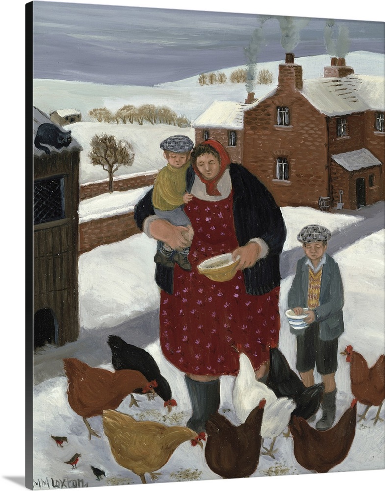 Contemporary painting of a woman and two boys feeding chickens in the winter.