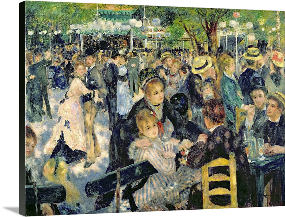 Big classic art depicts a large group of well dressed individuals dancing and relaxing in a park on a sunny day.