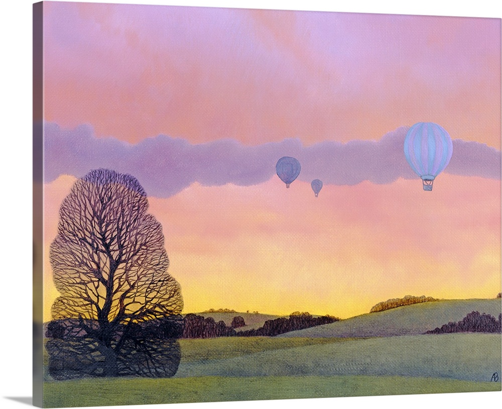 Oil painting of hot air balloons floating over tree covered rolling hills with colorful sky at sunset.
