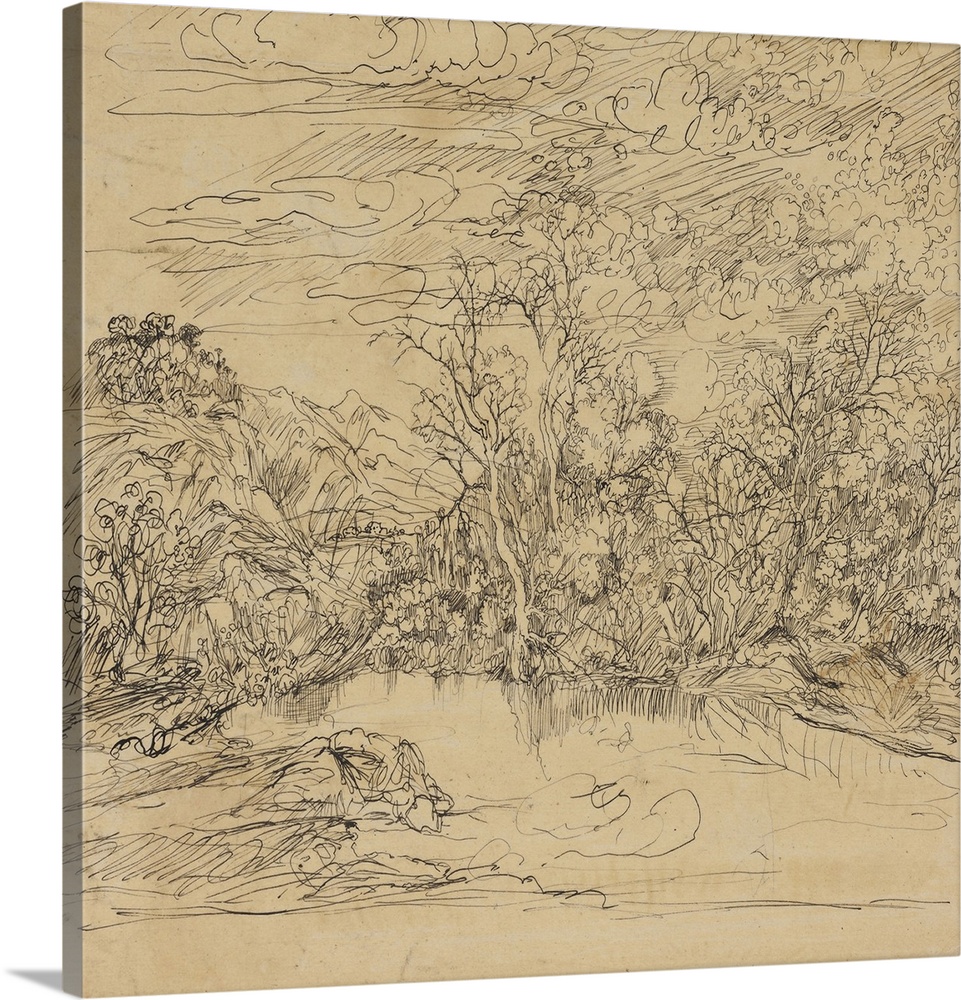 Bank of a Pond, pen and black ink, on tan tracing paper, laid down on buff wove paper.