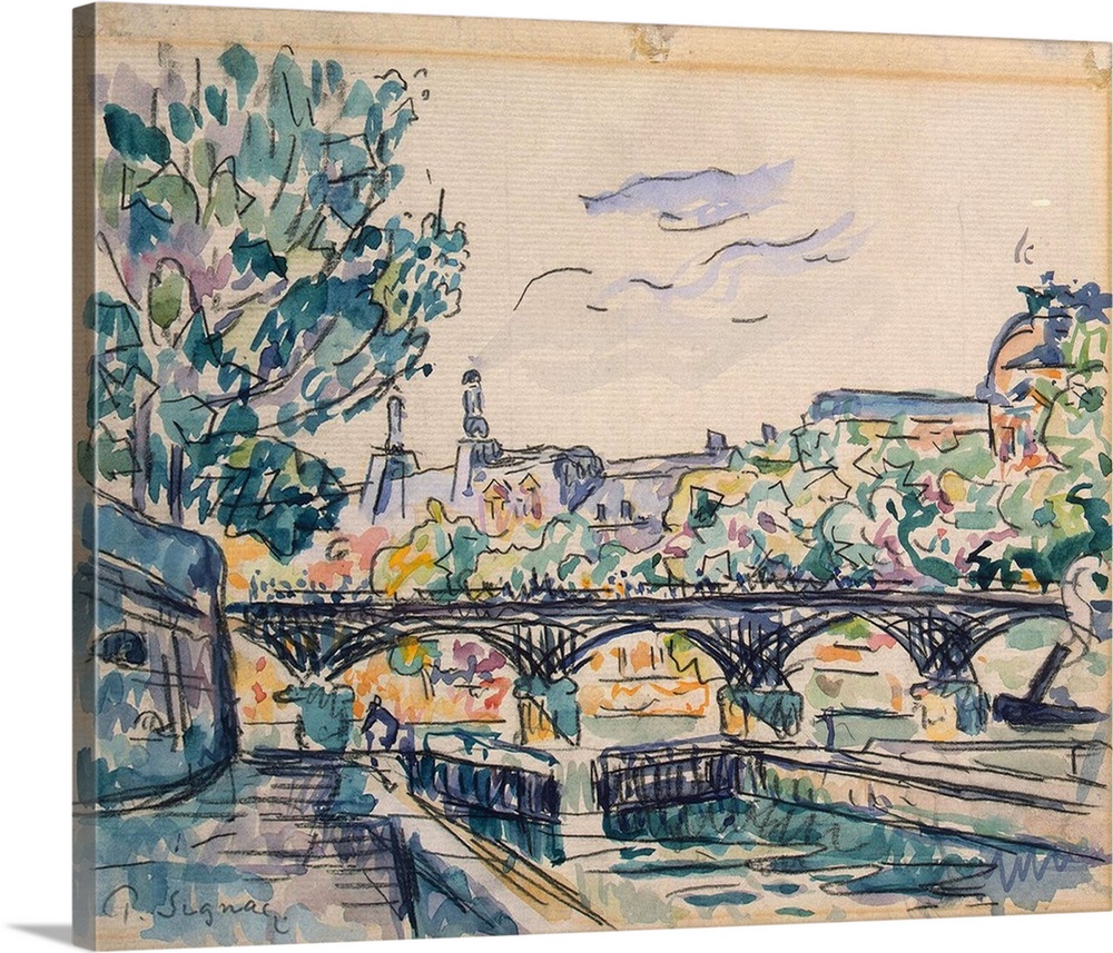BAL385530 Bank of the Seine near the Pont des Arts, with a view of the Louvre (pen