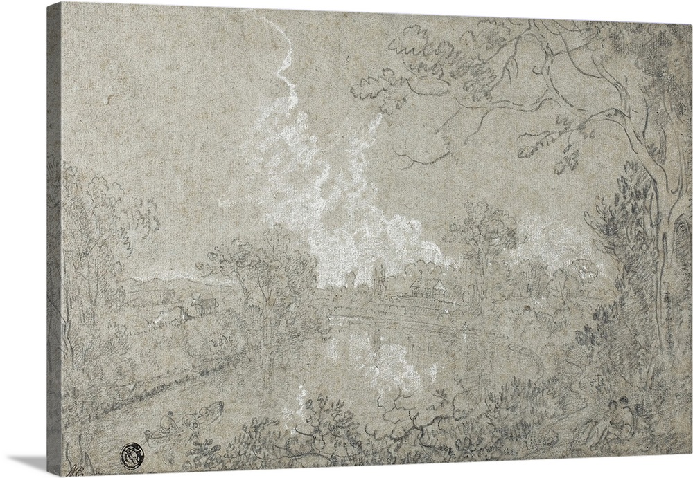 Banks of the River Dee near Eaton Hall, Cheshire, c.1759, black and white chalk on blue laid paper, laid down on card.