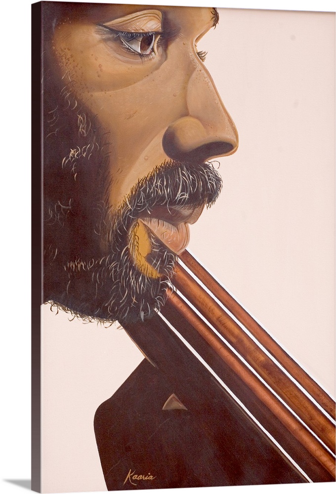 Up-close oil painting of a bearded man playing stringed instrument.
