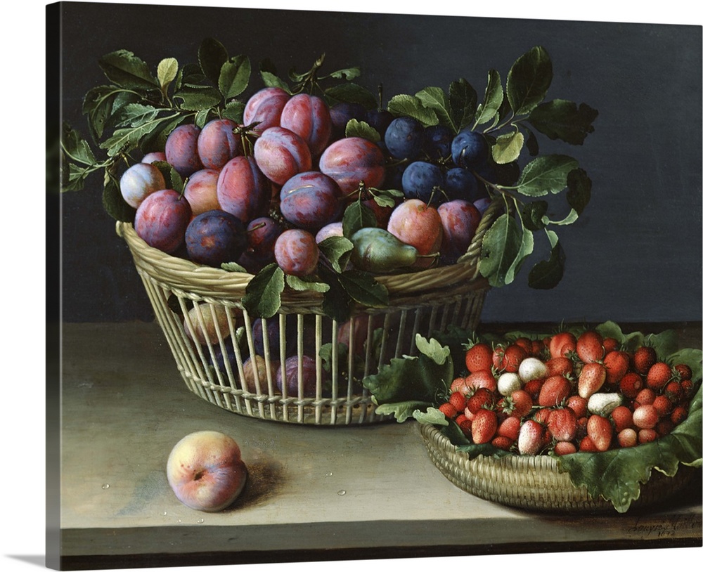 XIR26260 Basket of Plums and Basket of Strawberries, 1632 (oil on panel)  by Moillon, Louise (1610-96); 44x58 cm; Musee de...