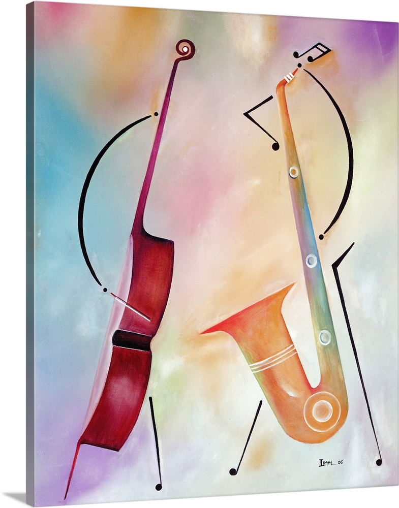 An abstract piece of artwork of a bass standing and a saxophone standing right next to it. The background is multicolored.