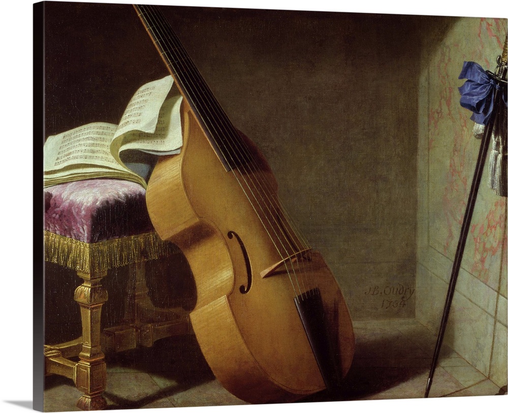 Bass Viol, Score Sheet and a Sword, 1693 (oil on canvas); by Boyer, (fl.1670-99)