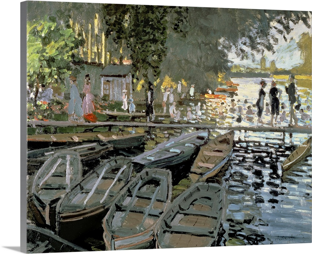 Oil painting of row boats lined along a shore with people walking across a dock and also swimming in the water.