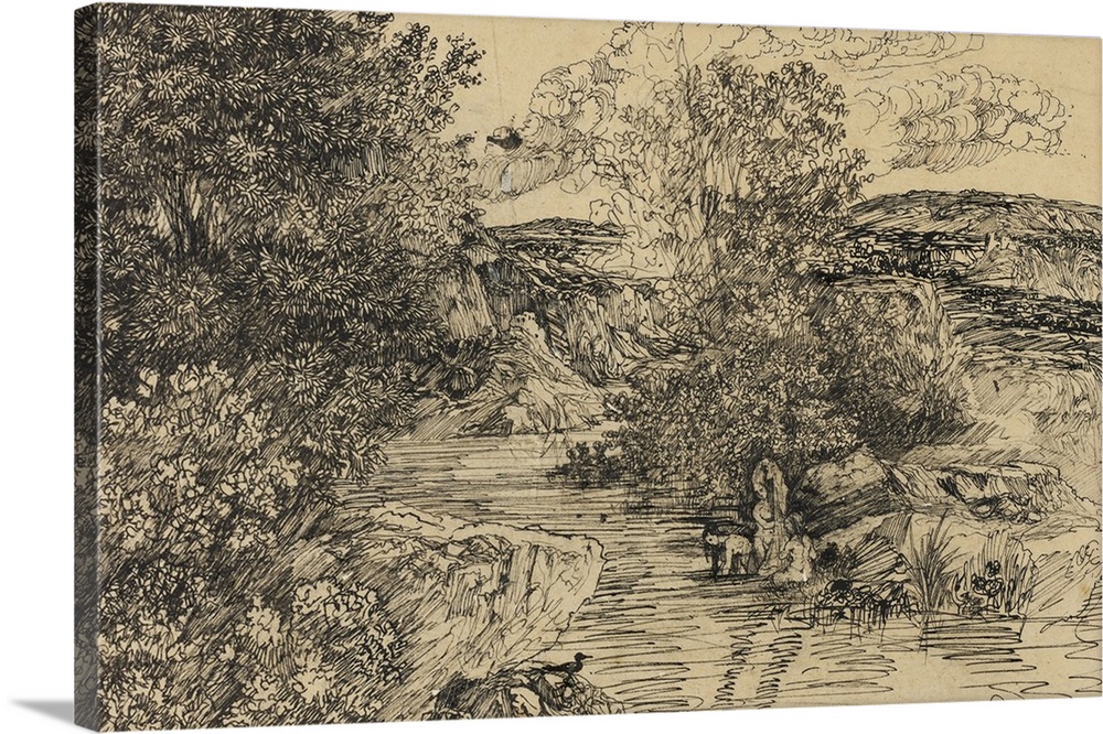 Bathers in a Brook, pen and black ink over graphite, on tan tracing paper, laid down on buff wove paper.