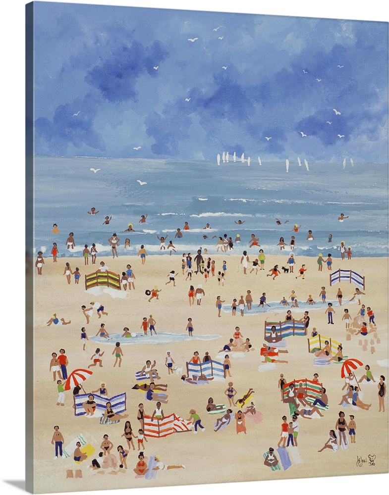 Contemporary painting of people gathered at the beach in summer.
