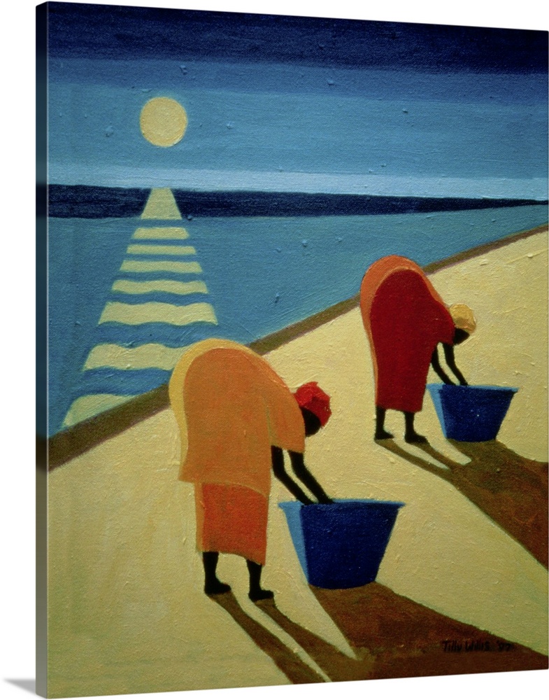 This vertical painting uses a flat and graphic style to depict the scene of two black women bent over wash tubs on a beach...