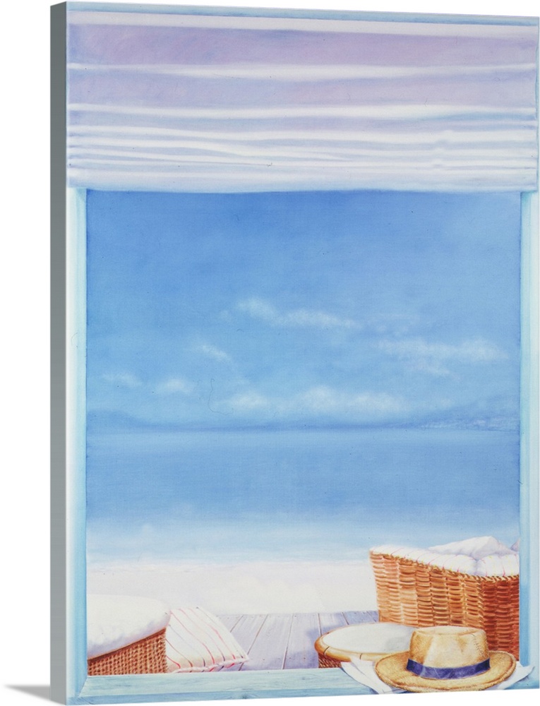 Contemporary painting of a hat sitting on the window sill, overlooking the beach.