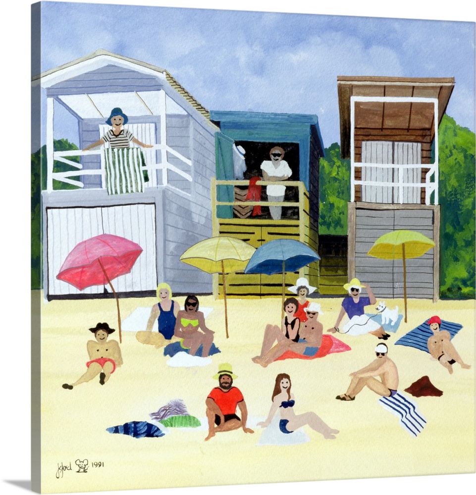 Contemporary painting of people relaxing on the sandy beach.