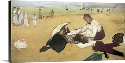 Beach scene: little girl having her hair combed by her nanny, c.1876 77