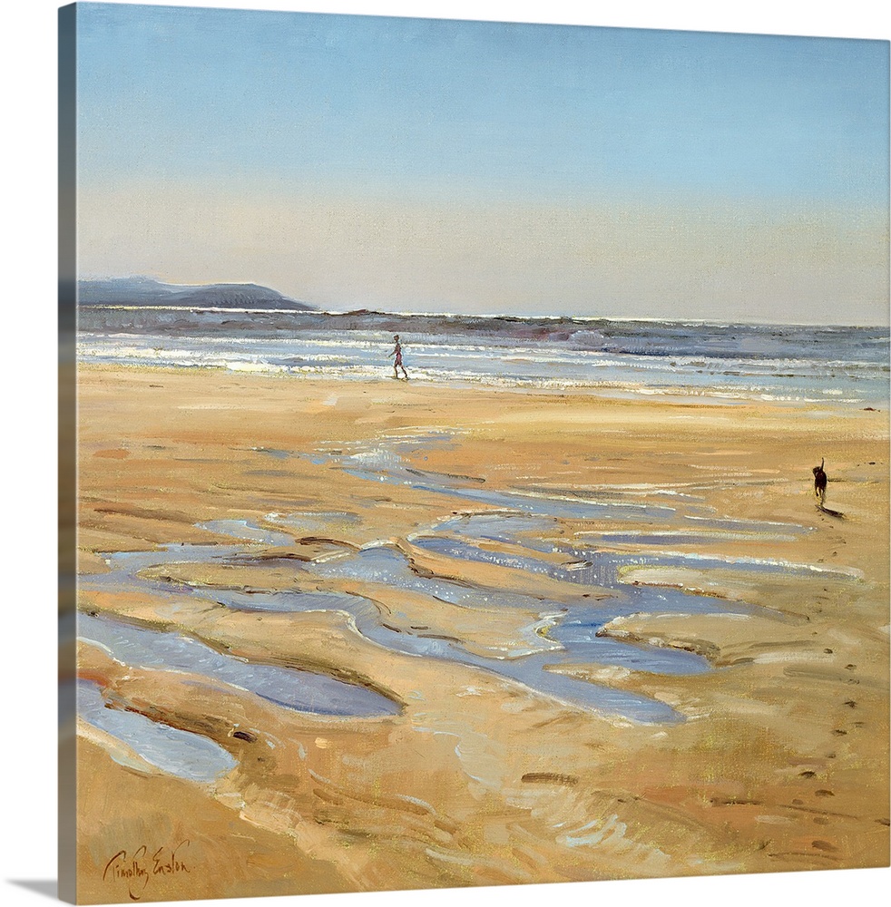 Contemporary artwork of a person walking along the water on the beach as their dog runs toward them. Puddles of water lay ...
