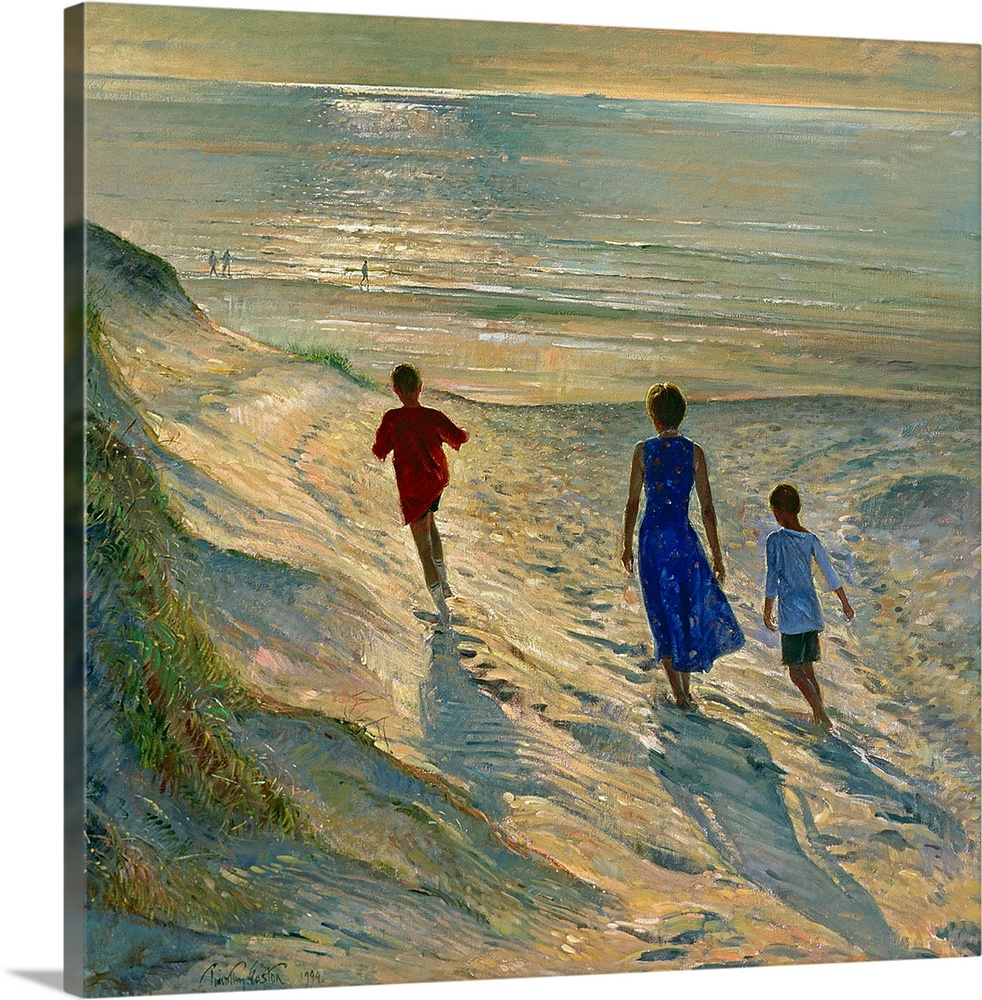 This large contemporary painting has a mother and two sons walking through dunes and onto the beach at sunset.