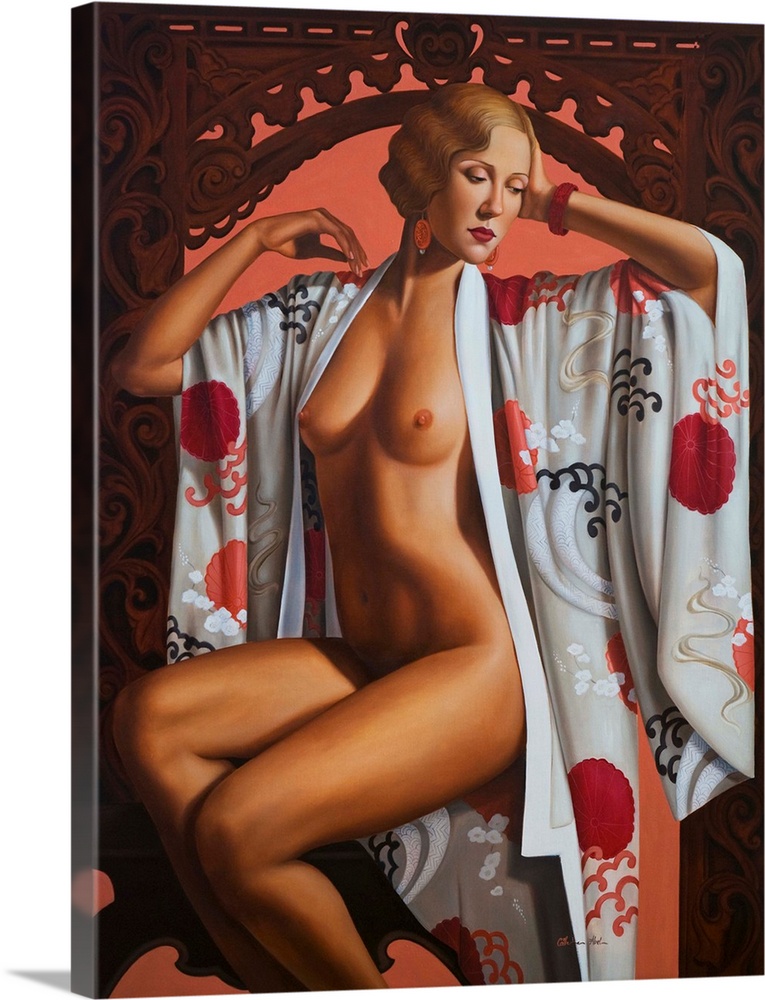 Contemporary painting of a nude woman wearing a patterned robe.