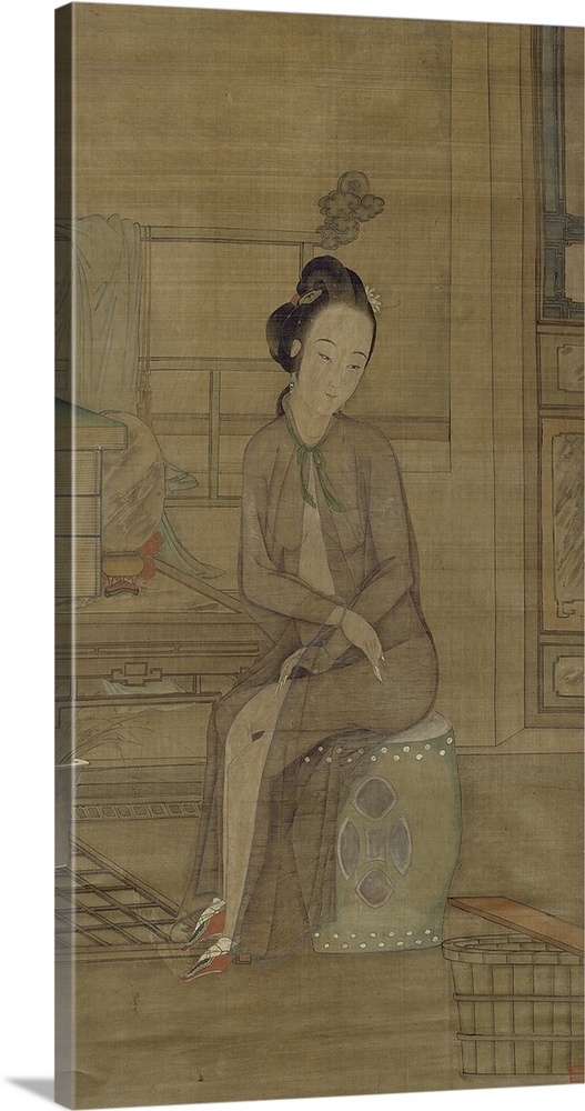 Beauty About to Bathe, Qing dynasty, hanging scroll with ink and colours on silk.