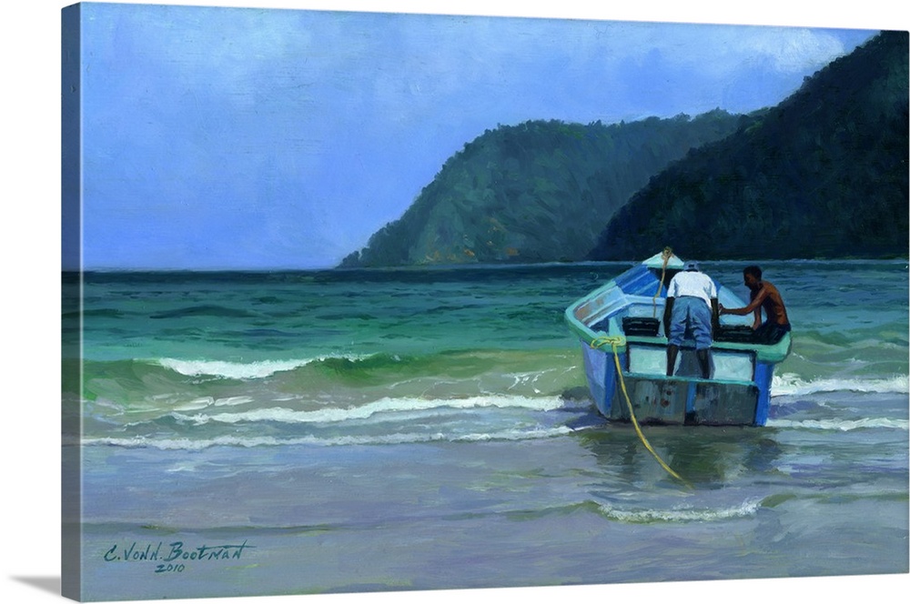 Contemporary painting of people on a boat on the ocean shore.