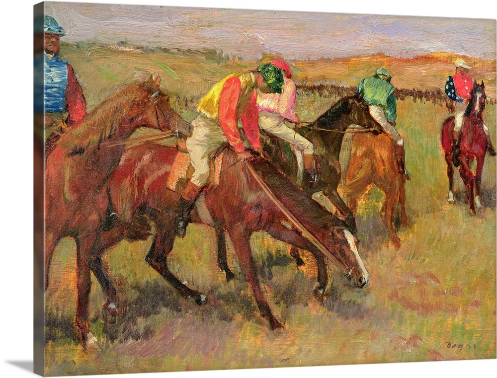 Classic art parting of jockey's on horses eating grass before a race.