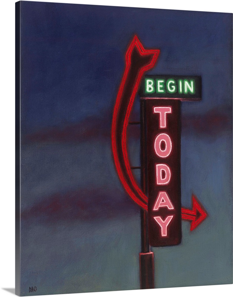 Contemporary painting of a neon sign lit at dusk.
