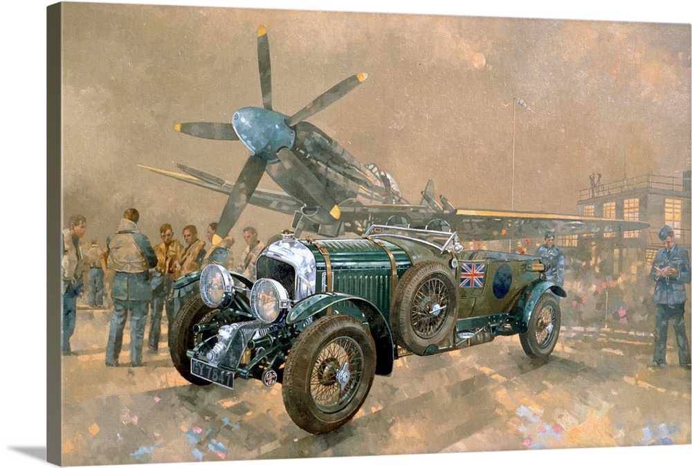 Painting of vintage car and aircraft surrounded by British soldiers.