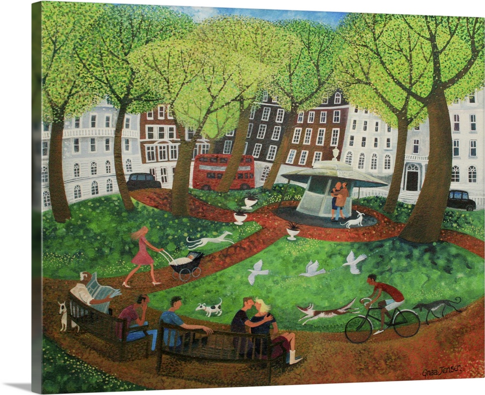 Contemporary painting of people in a park in a city.