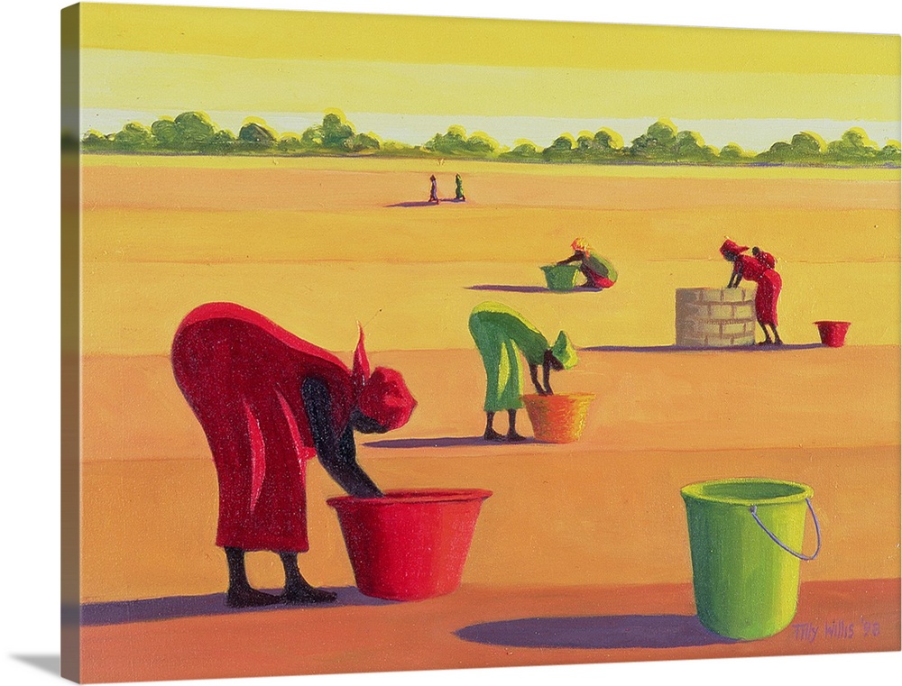 Large artwork showing women filling buckets with water in an open desert field.