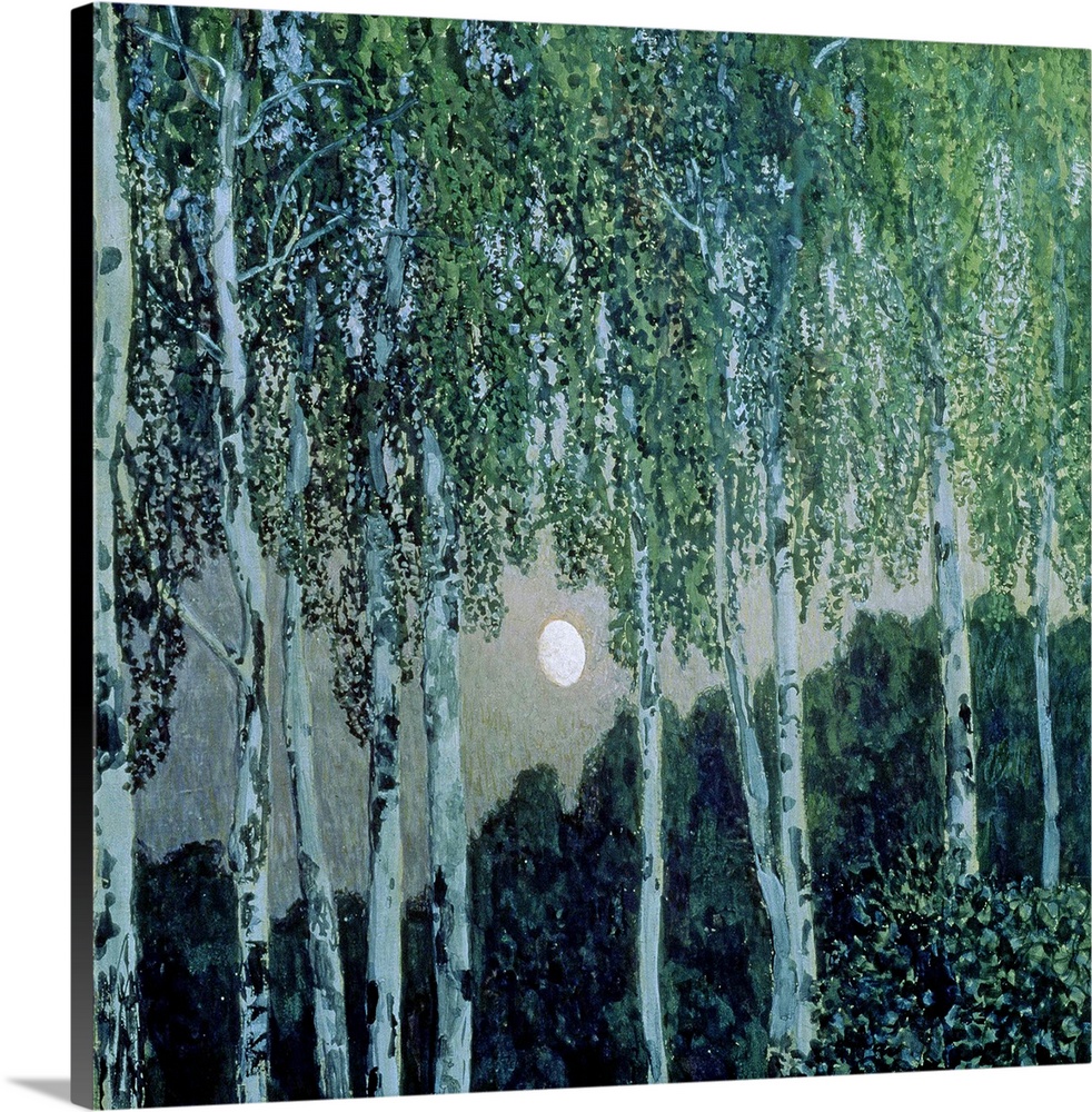 Oil painting of tall trees in forest with tree tops in the background.  The moon is positioned between two tree barks.