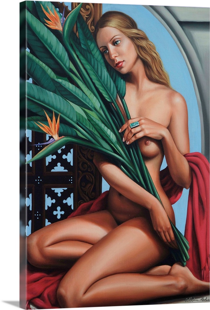 Contemporary art deco-style painting of a nude woman holding bird-of-paradise leaves and flowers.
