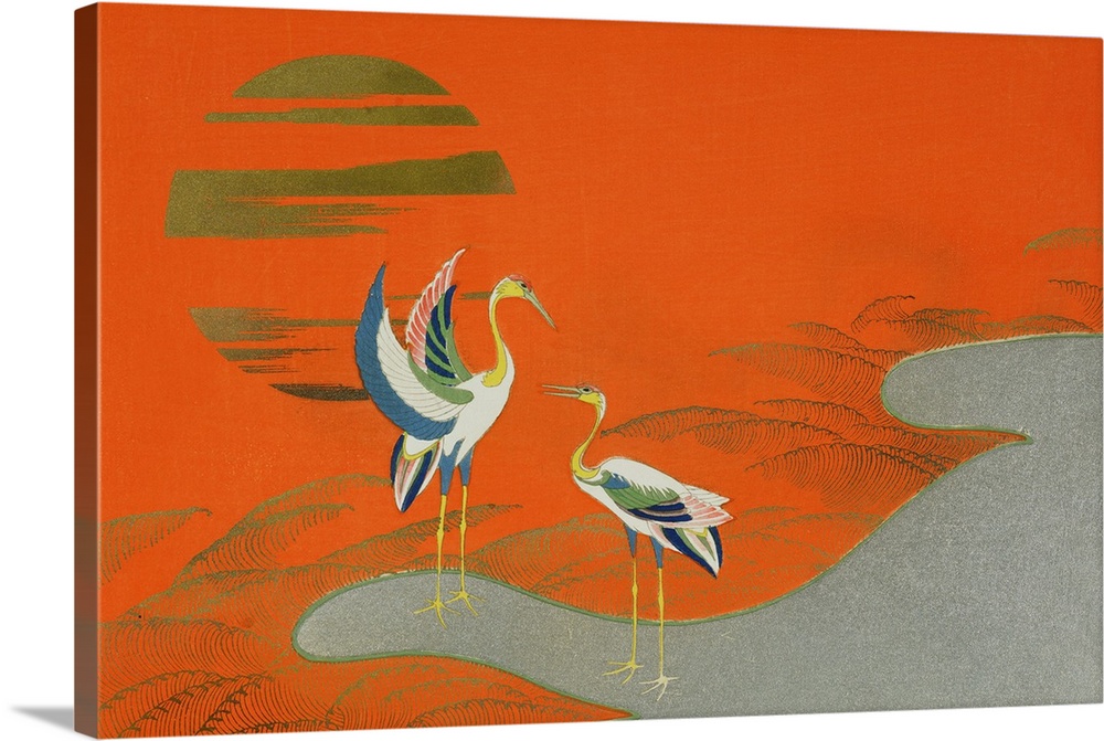 Birds at sunset on the lake, 1903, ukiyo-e art print, by Kamisaka Sekka (1866-1942), woodcut with silver powder, horizonta...