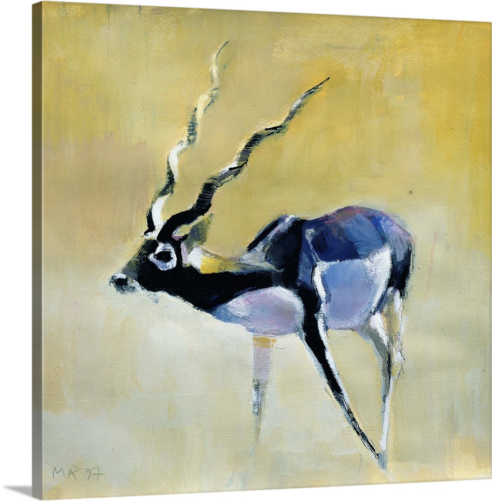 Contemporary painting of an antelope with large horns.