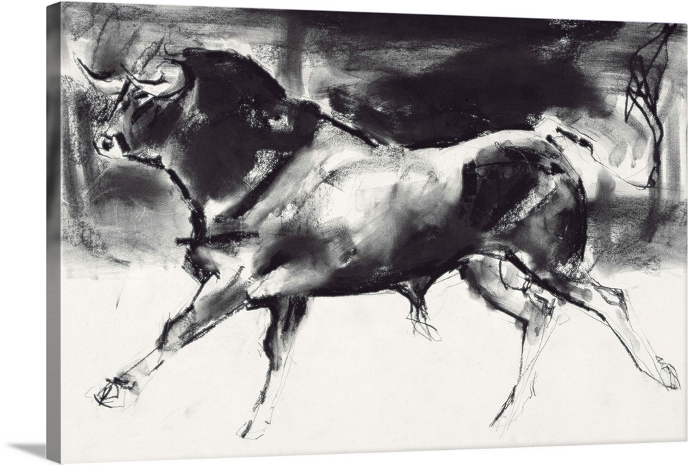 Contemporary painting of a large bull running.