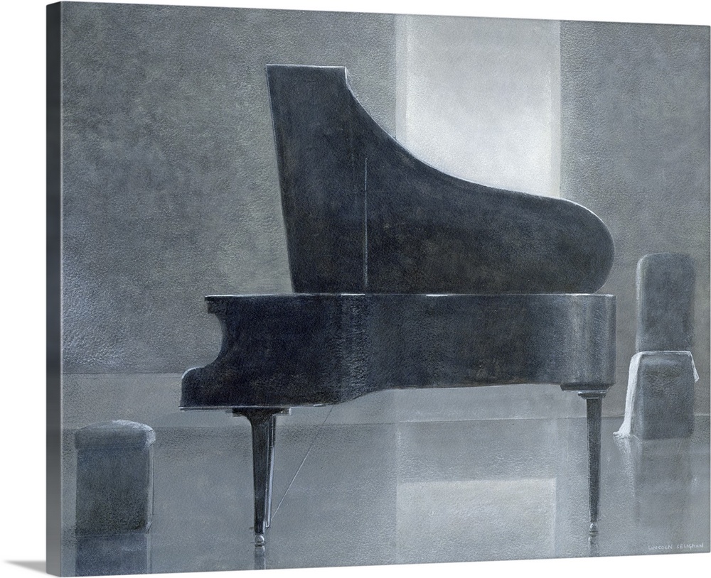 This piece of contemporary artwork shows a grand piano from the side sitting in an almost bare room.