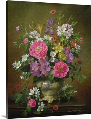 Blossom, Iris And Peonies In A Ceramic Vase