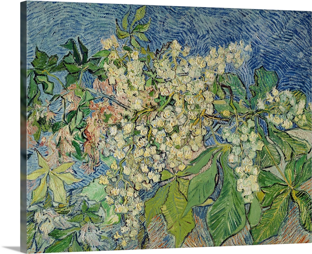 This large artwork piece is of small white flowers and different shaped green leaves with various painting techniques.