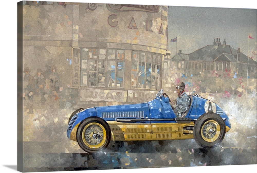 Contemporary oil painting of a race car driver in a vintage Maserati against a softened background.