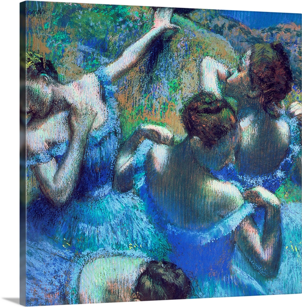 A pastel drawing reproduced on large wall art, this artwork of ballet dancers was created by an Impressionist master.