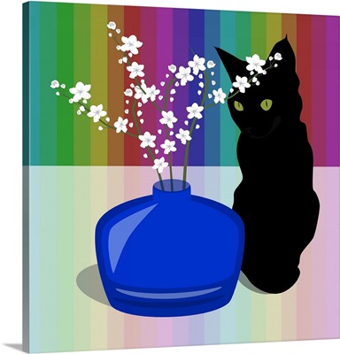 Blue Glass Vase With Blossom And Black Cat